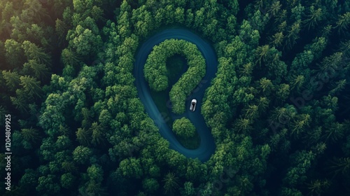 Eco-Friendly Concept: A Car on a Scenic Path , Dense Green Forest, Top View of a Curved Road Shaped as a Question Mark. Exploration, Decision-Making, Confusion, Wandering, Puzzlement, Bewilderment