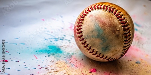 Wallpaper Mural A baseball with a red and blue stripe on it is sitting on a white surface Torontodigital.ca