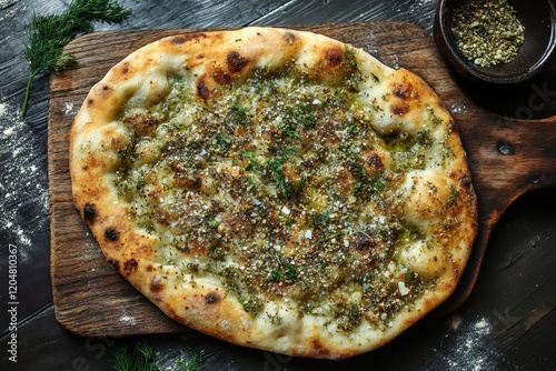 Zaatar manakeesh on wooden board overhead view photo