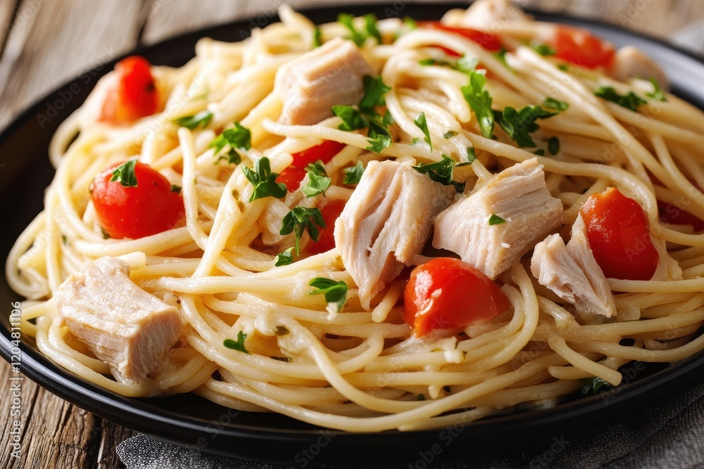 Zoomed in view of Italian spaghetti with tuna mushrooms tomatoes and chili on a dark plate set on a wooden table