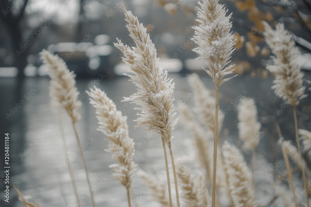 Golden Wheat Stalks Swaying in the Breeze by Water Golden Wheat Stalks Swaying in the Breeze by Water