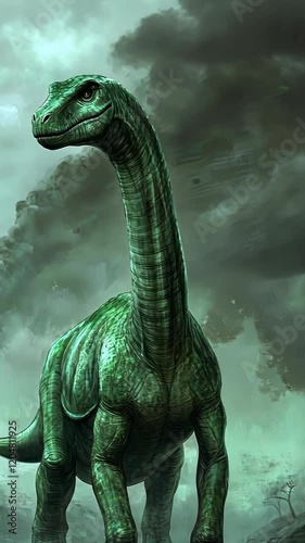 Green dinosaur standing amidst a smoky background, showcasing a prehistoric atmosphere in a digital artwork