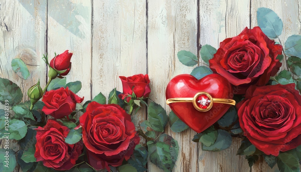 wedding card design featuring deep red roses, a sparkling golden wedding ring, and a bold red heart, set against a natural wooden background for a romantic and elegant presentation wedding card design featuring deep red roses, a sparkling golden wedding ring, and a bold red heart, set against a natural wooden background for a romantic and elegant presentation