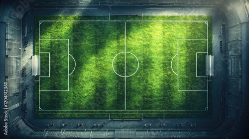 Aerial View of an Empty Soccer Field in a Stadium