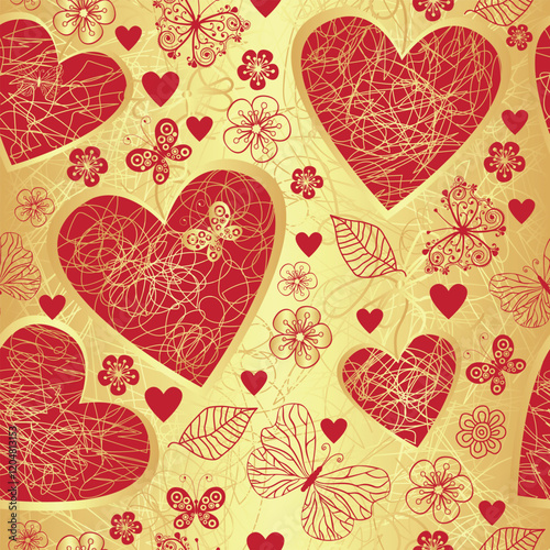 Vector seamless valentines grunge pattern with red hearts and flowers in doodle style on a golden gradient background