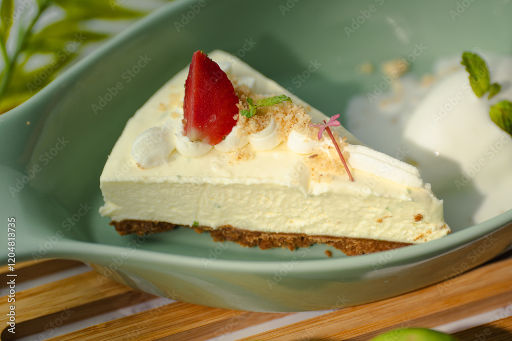 A slice of cheesecake with a strawberry on top