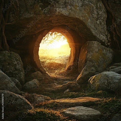 Wallpaper Mural A sunlit stone archway surrounded by rocks and greenery, inviting exploration. Torontodigital.ca