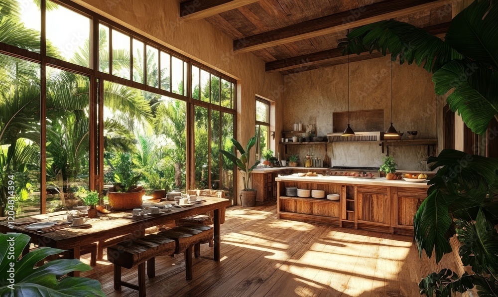 Fototapeta premium Sunlit Tropical Kitchen with Wooden Furniture and Lush Greenery