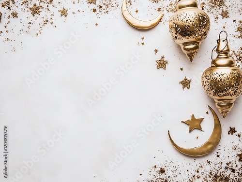 Golden Ramadan Decorations on White Background photo