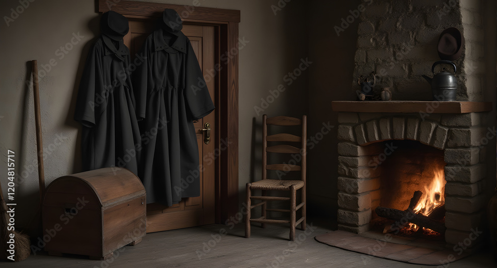 Obraz premium Rustic Interior with Fireplace and Antique Clothing