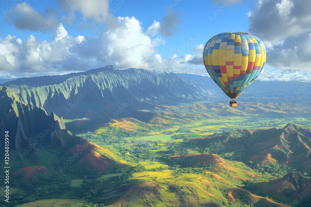 Fototapeta premium Colorful Hot Air Balloon Soaring Over Majestic Mountain Landscape at Dawn