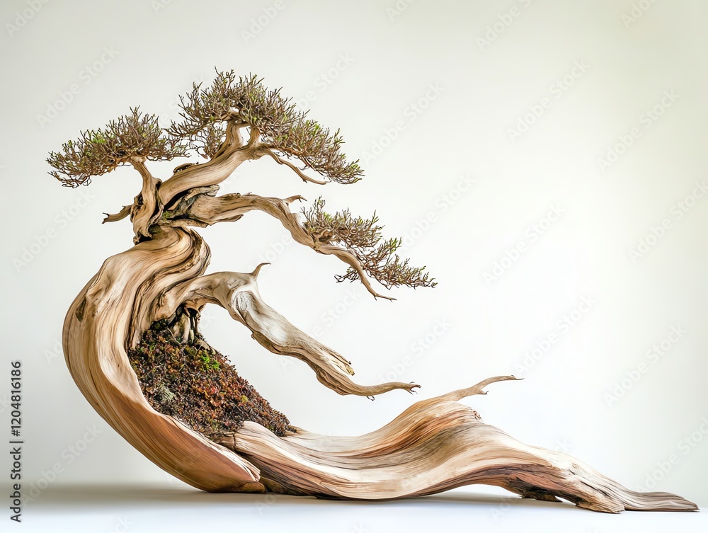 Fototapeta premium Artistic bonsai tree with twisted trunk and branches, showcasing nature's elegance indoors.