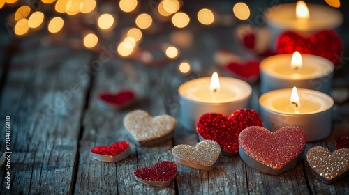 Valentine's Day wellness decor featuring elegant candles and heart motifs, beautifully arranged on a rustic wooden table, evoking feelings of love and tranquility