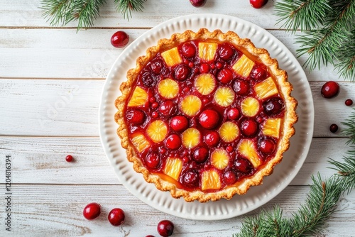 Tropical dessert of pineapple upside down pie with candied cranberries on a white wooden surface Bird s eye view photo