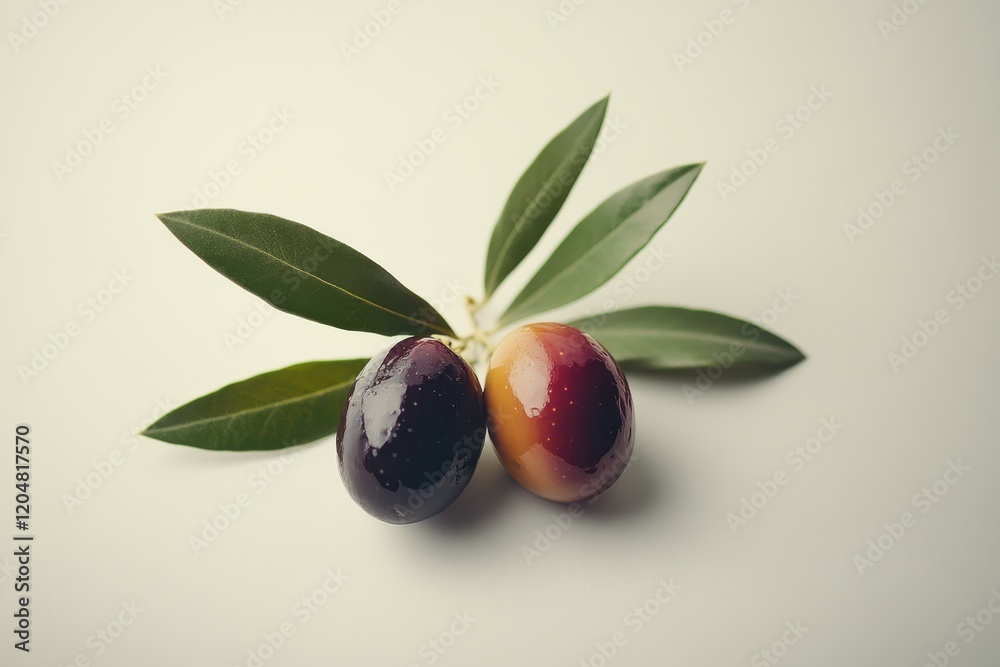 Two green olives with leaves on a white background Two green olives with leaves on a white background