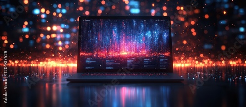 Futuristic laptop displaying digital data streams against a bokeh background.