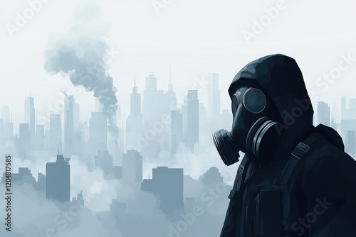 Vector Illustration of Individual Wearing Gas Mask Amid Smog-Filled Urban Atmosphere with Silhouettes of Skyscrapers and Polluted Skyline photo