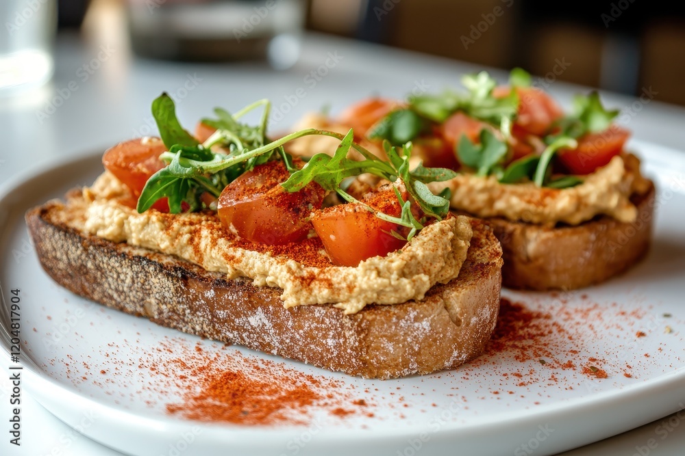 Two open faced sandwiches topped with hummus and paprika on a white dish