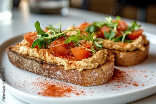 Two open faced sandwiches topped with hummus and paprika on a white dish photo