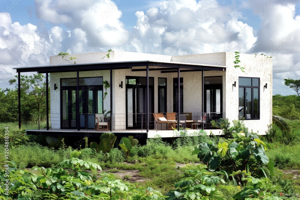Fototapeta premium A modern, minimalist house surrounded by lush greenery and under a cloudy sky, featuring large windows and a spacious deck.