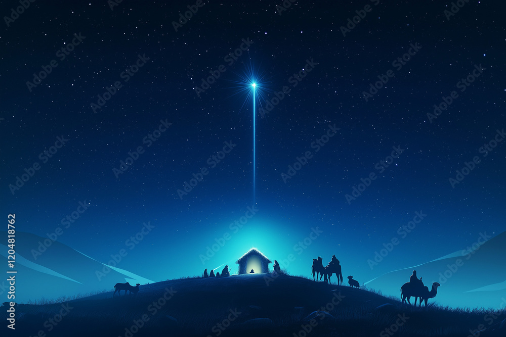 Fototapeta premium Serene Nativity Scene Under a Star-Filled Night Sky with Radiant Star and Three Wise Men Approaching in Peaceful Reverence