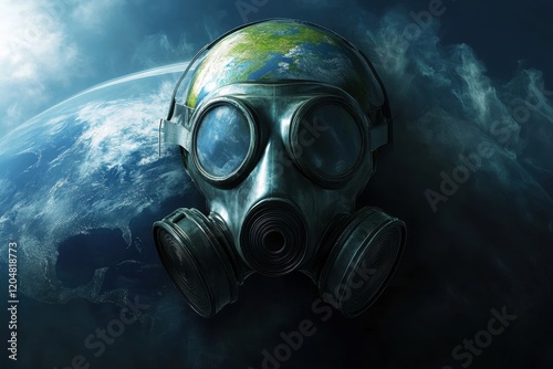 Surreal Gas Mask Overlaid on Earth Symbolizing Environmental Concern and Human Impact on Planetary Health with Ethereal Background photo