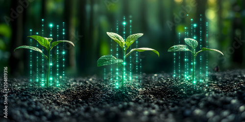 Digital Agriculture: Growing Plants with Technology, Realistic Image of Seedlings with Binary Code photo