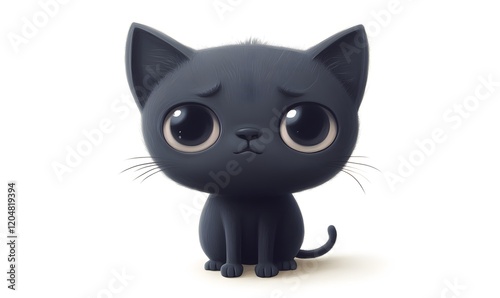 Adorable cartoon black kitten with big, sad eyes sitting on white background.