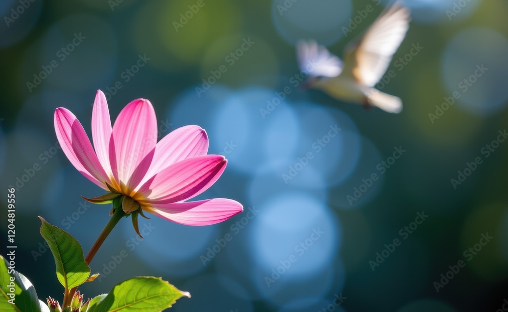 Fototapeta premium A vibrant image of pink flowers blooming in a field, with a bird soaring through a clear blue sky, symbolizing freedom, growth, and hope.