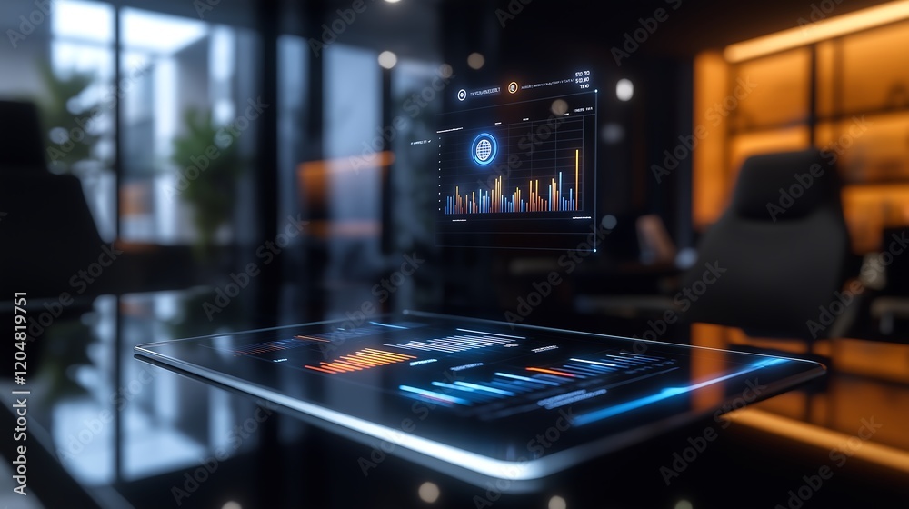 Augmented reality hologram of business growth charts and predictive analytics floating above a glass conference table. Augmented reality hologram of business growth charts and predictive analytics floating above a glass conference table.