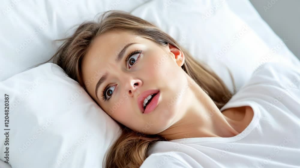 Woman lying in bed waking up in fear 