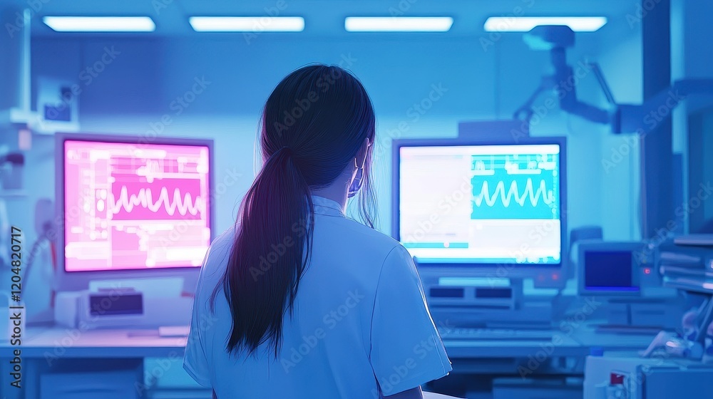 Doctor looking at vital signs monitor, modern healthcare technology, digital medical solutions, back view animation Triadic Color Scheme Doctor looking at vital signs monitor, modern healthcare technology, digital medical solutions, back view animation Triadic Color Scheme