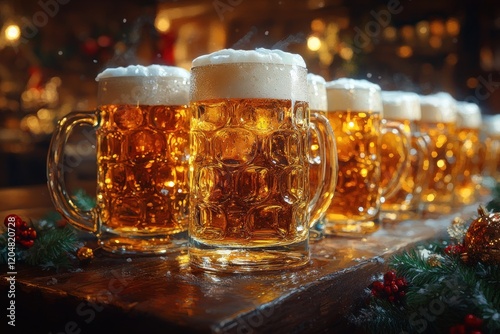 Friends Celebrating Christmas Toasting Beer Mugs in Festive Brewery Pub photo