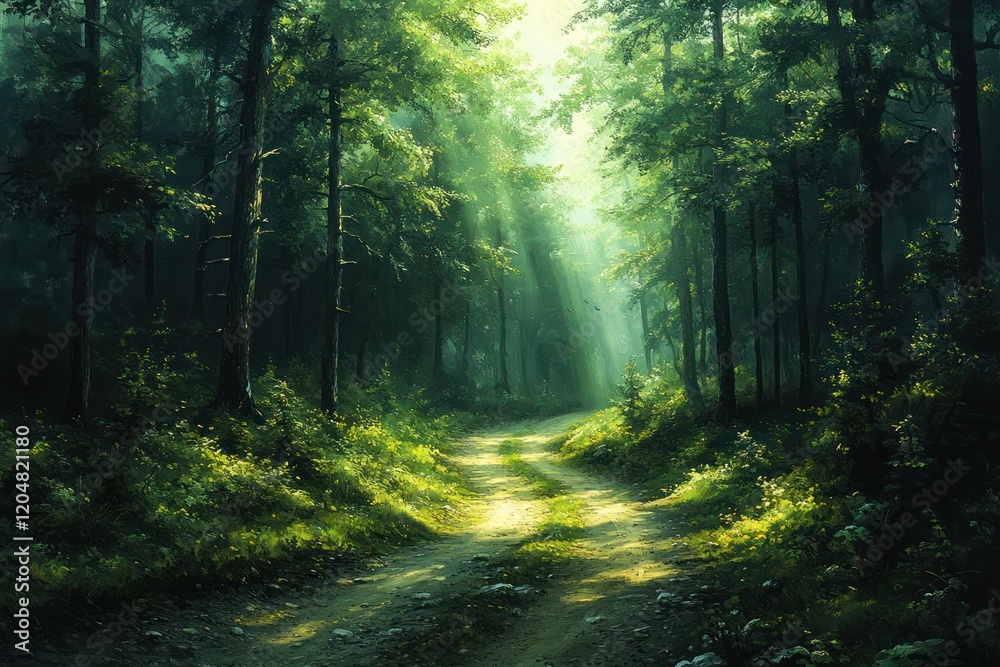 Fototapeta premium Mystical Forest Path with Sunbeams and Vibrant Green Foliage at Dawn