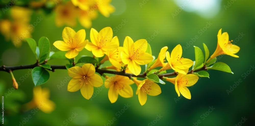 Obraz premium lush greenish yellow cananga blooms on tree branches, flowers, foliage