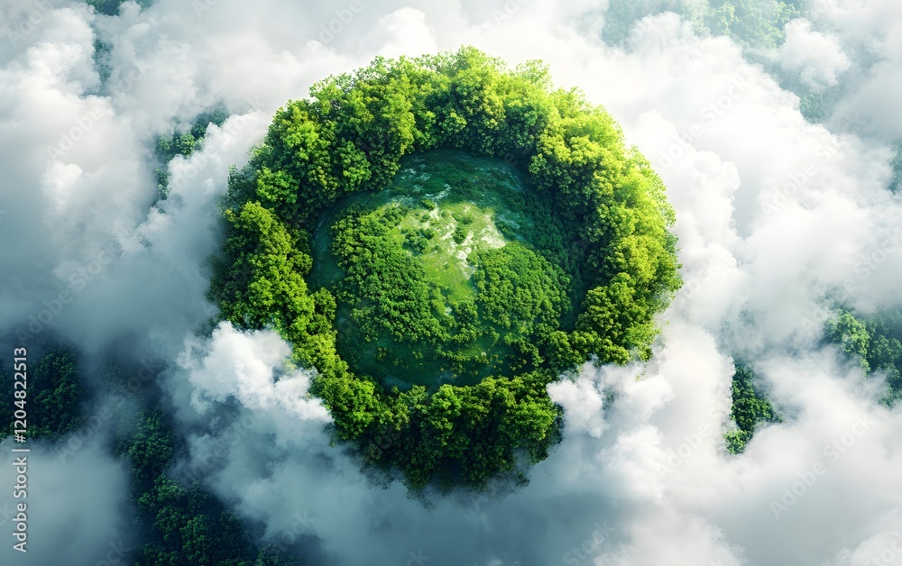 Lush green forest planet nestled in clouds above Lush green forest planet nestled in clouds above