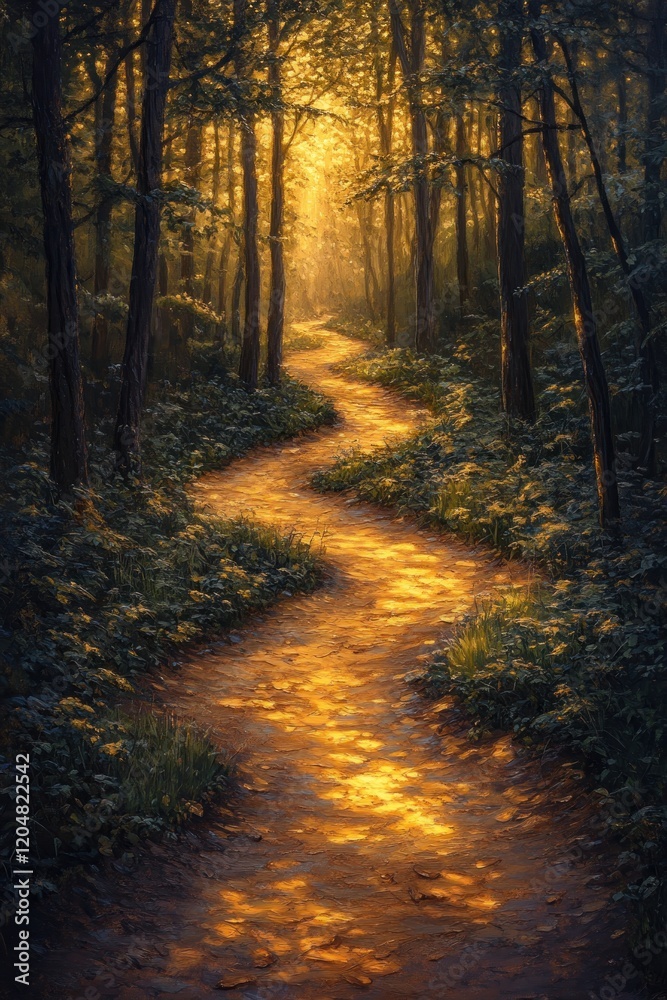Fototapeta premium Sunlit Forest Pathway with Dreamy Atmosphere in Morning Light