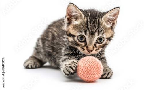 A Bengal kitten with its body coiled low to the ground, preparing to pounce on a toy, its distinct spots and playful energy captured in sharp high resolution on a clean white background  photo