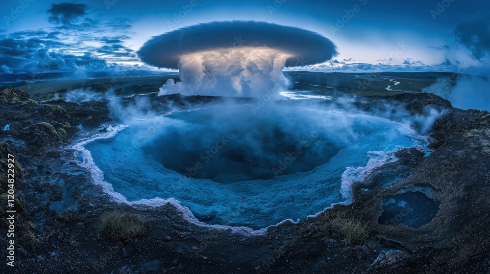 Fototapeta premium Geothermal eruption, lenticular cloud, Iceland landscape, twilight