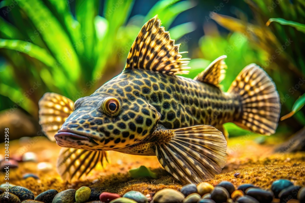 A common pleco, a South American suckermouth catfish, thrives in this tropical aquarium, showcasing underwater beauty. A common pleco, a South American suckermouth catfish, thrives in this tropical aquarium, showcasing underwater beauty.