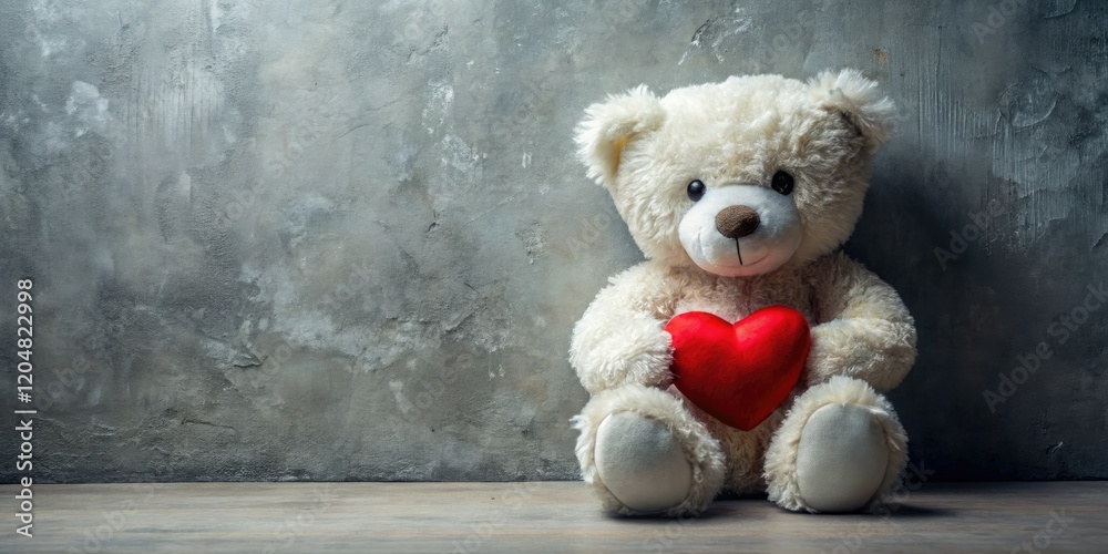 Obraz premium A charming white teddy, clutching a red heart, rests against a grey wall in a candid shot.