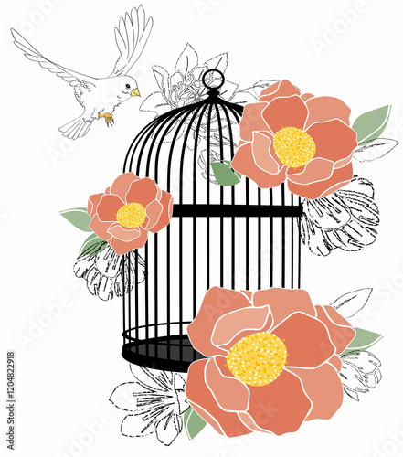 cage with bird and flowers
