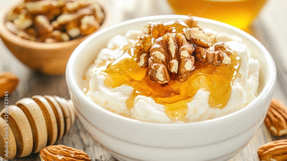 A bowl of creamy Greek yogurt topped with honey and nuts A bowl of creamy Greek yogurt topped with honey and nuts