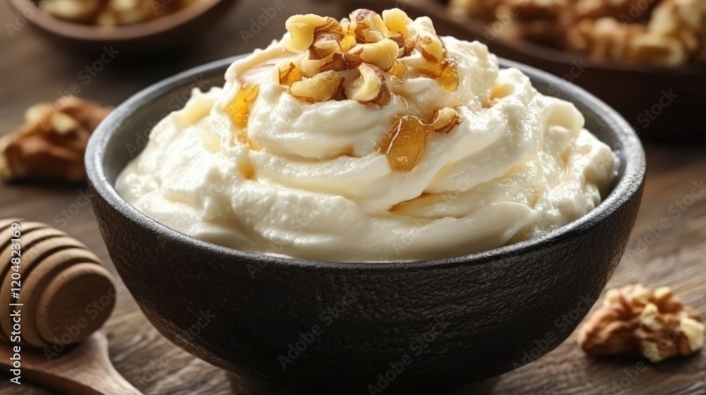 A bowl of creamy Greek yogurt topped with honey and nuts A bowl of creamy Greek yogurt topped with honey and nuts