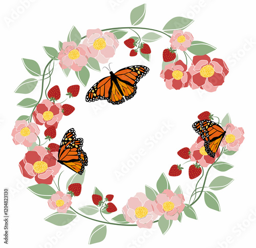 circular frame with flowers and butterflies