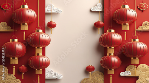 Wallpaper Mural Chinese New Year banner background design in red and gold with detailed and realistic elements such as lanterns and clouds Torontodigital.ca