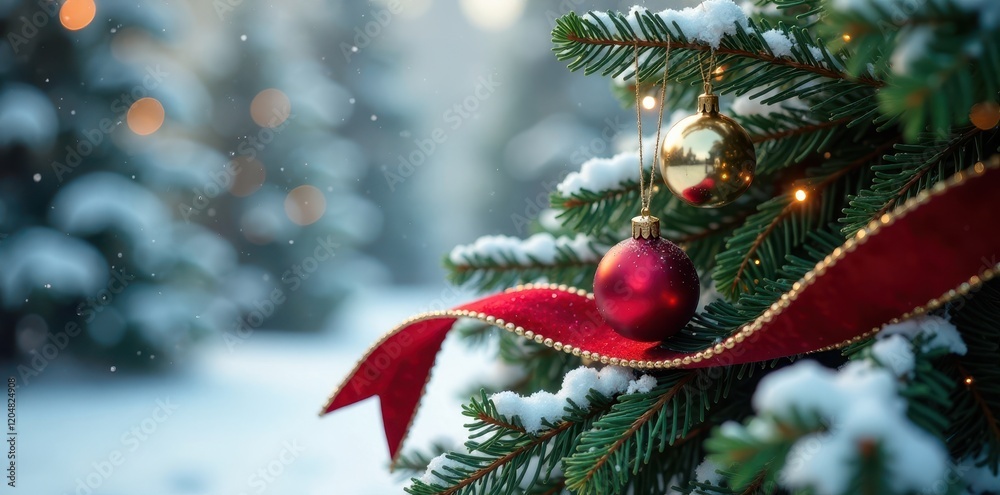 Obraz premium Red velvet ribbon encircling a fir branch with hanging ornaments in the snow, festive, fir tree