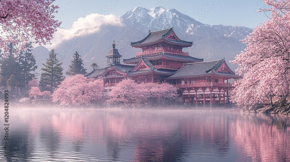 Naklejka premium Serene Japanese Temple Amidst Blooming Cherry Blossoms and Misty Mountains