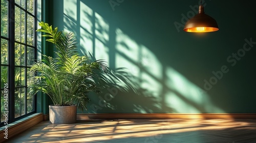Minimalist Scandinavian Office Studio Background with Green Wall and Ambient Lighting for Online Lessons and Tutorials