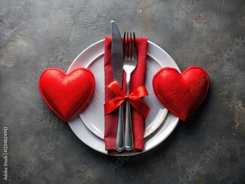 A lone red napkin, a heart-shaped centerpiece, dominates a grey table, seen from above.  Romantic Valentine's Day ambiance.